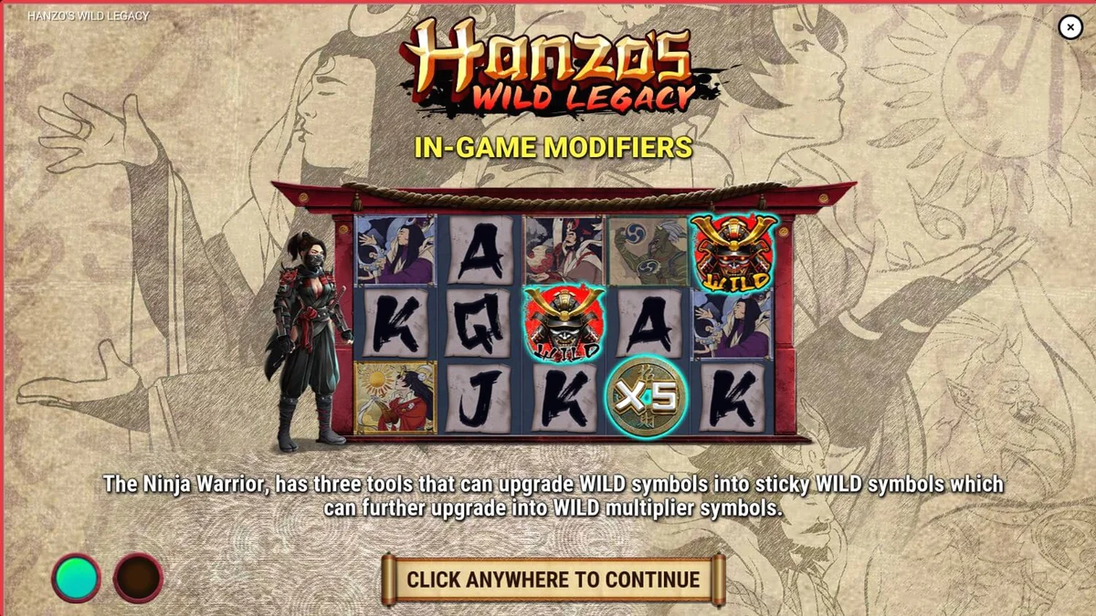 Tampilan visual slot Hanzo’s Wild Legacy dengan tema ninja wanita dan latar belakang malam Jepang.