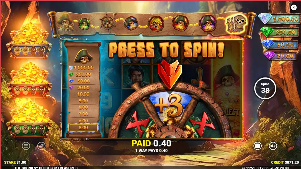 Tampilan visual slot The Goonies Quest for Treasure 3 dengan elemen petualangan klasik