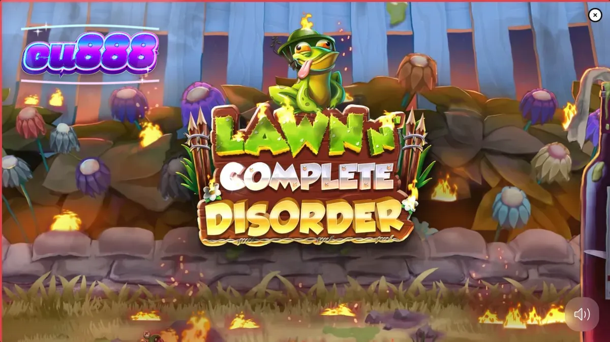 Tampilan visual slot Lawn N’ Complete Disorder dengan tema taman yang terbakar